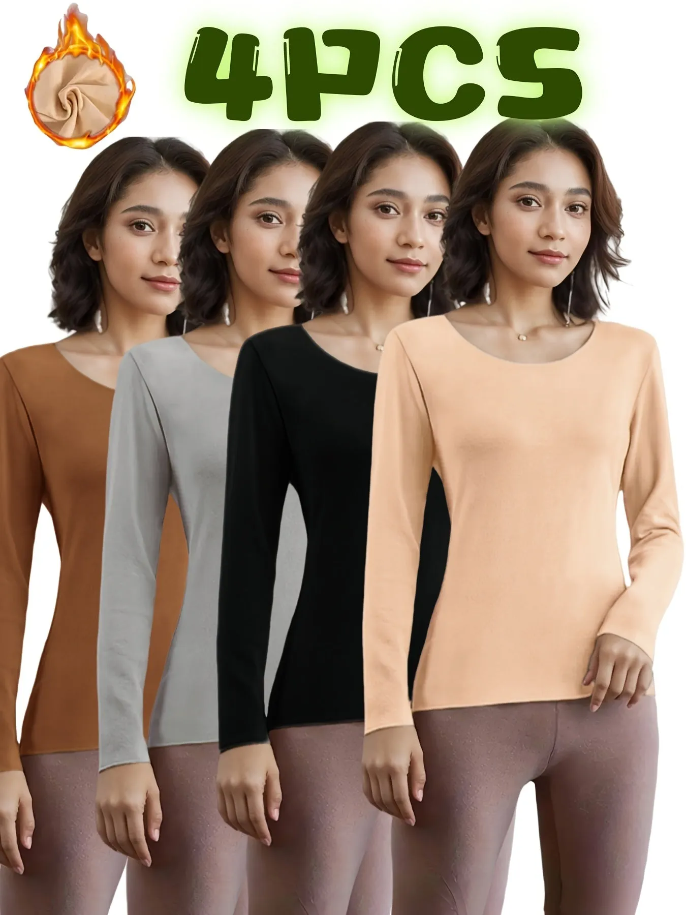 4 Pcs Thermal Underwear for Women, Solid Plush Lined Long Sleeve Round Neck Base Top, Fall & Winter Lingerie Set