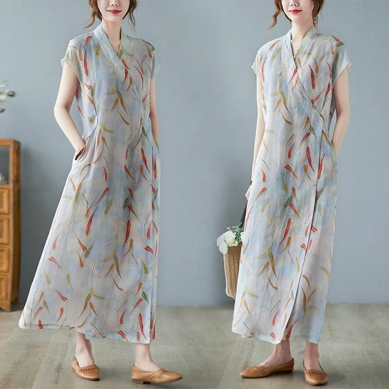 Abstract Leaves Button Wrap Dress