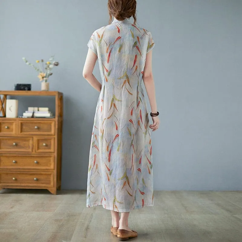 Abstract Leaves Button Wrap Dress