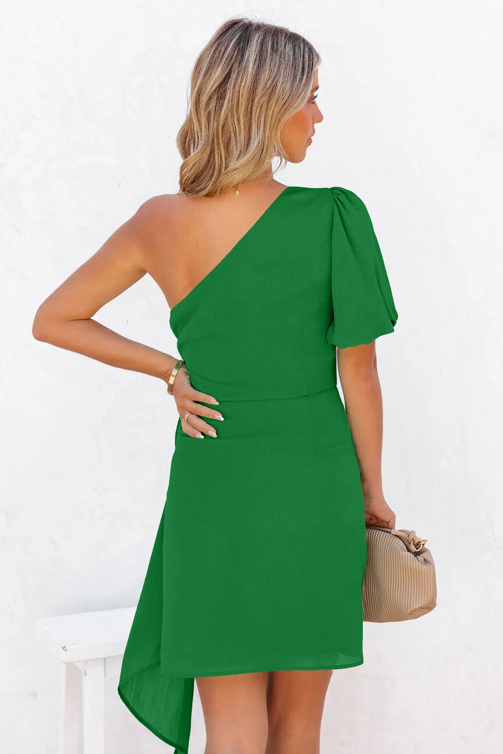 Asymmetric Bubble Sleeve Twist Knot Wrap Dress