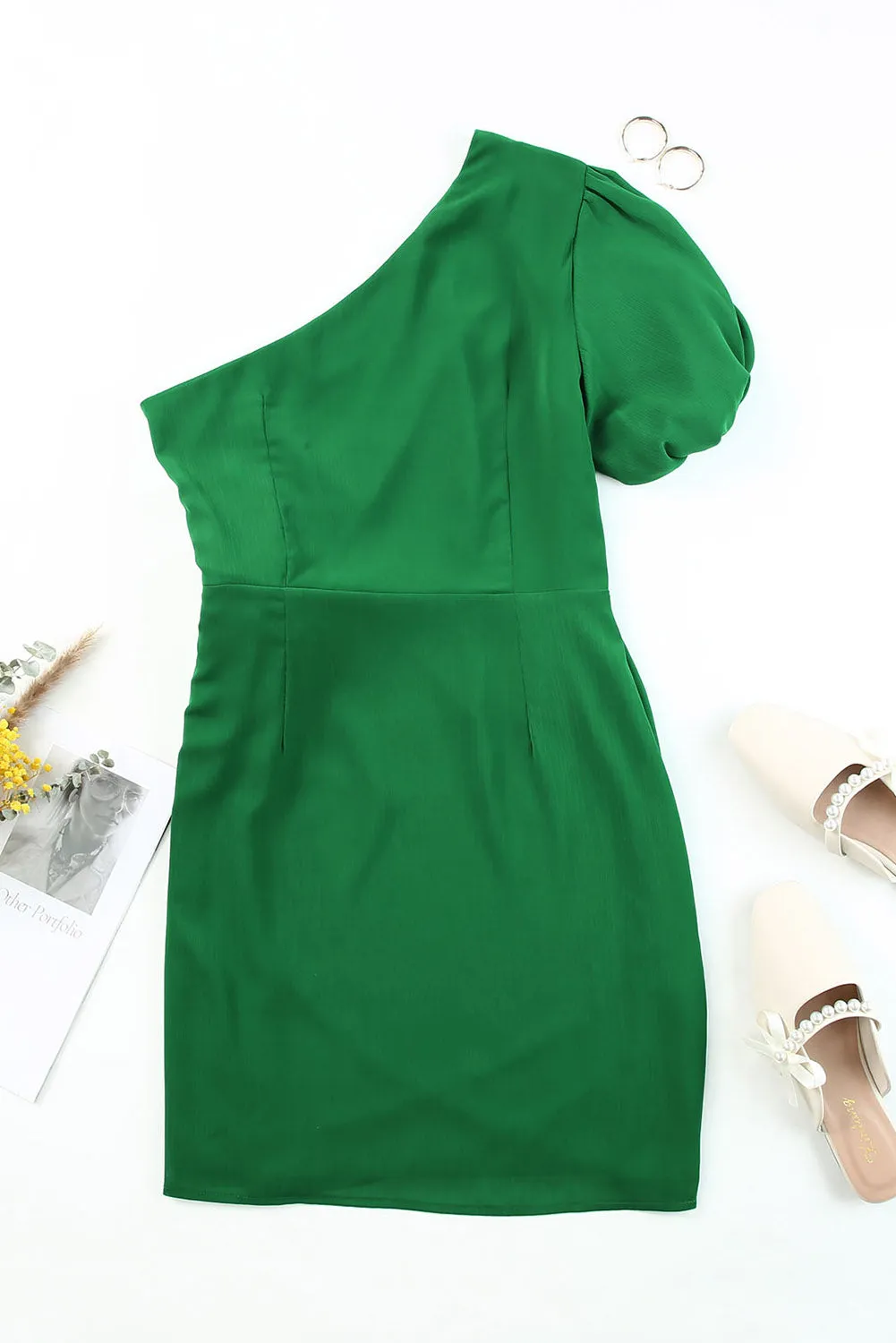 Asymmetric Bubble Sleeve Twist Knot Wrap Dress