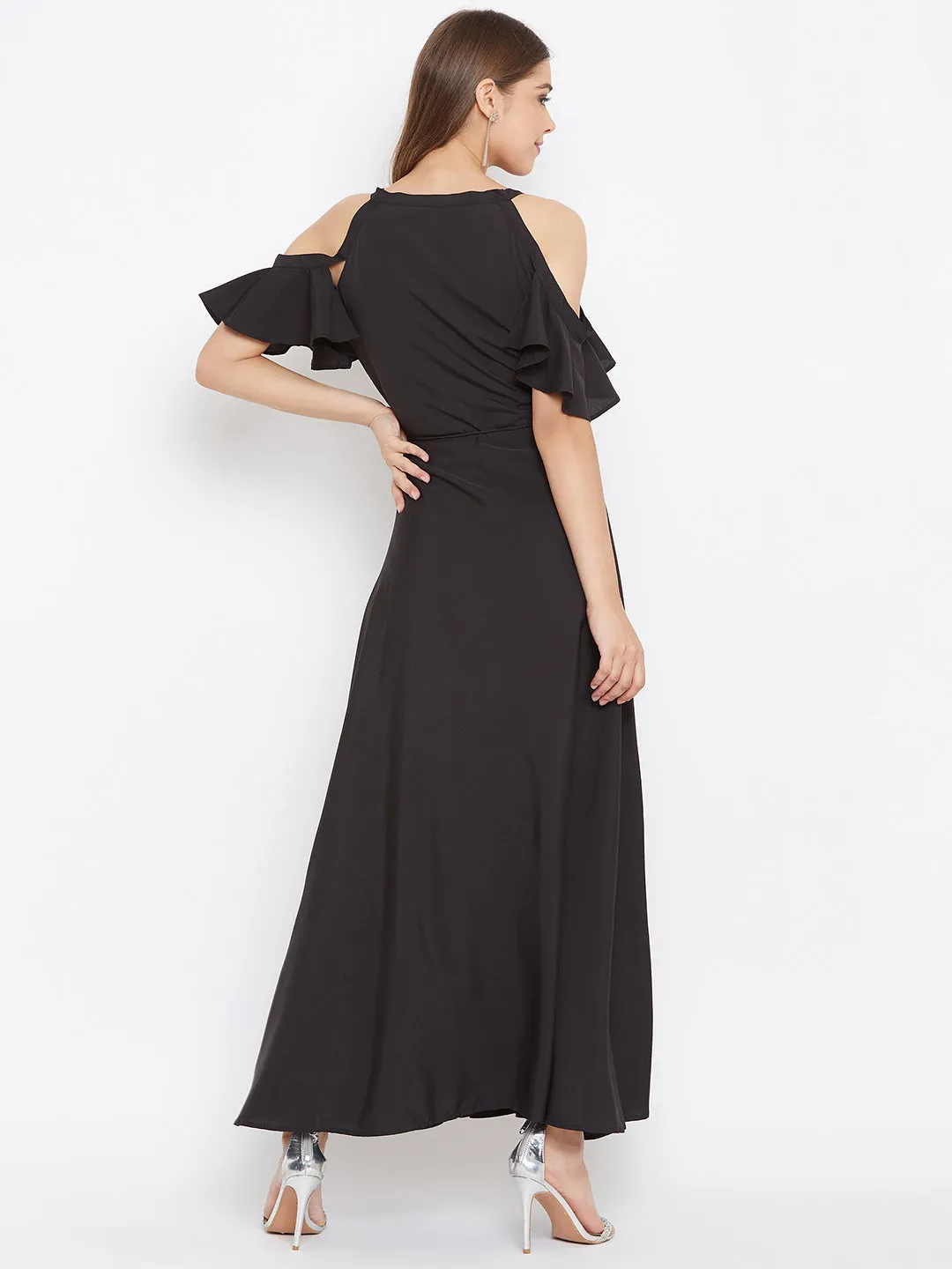 Berrylush Women Solid Black Cold Shoulder Wrap Maxi Dress