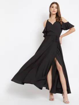 Berrylush Women Solid Black Cold Shoulder Wrap Maxi Dress