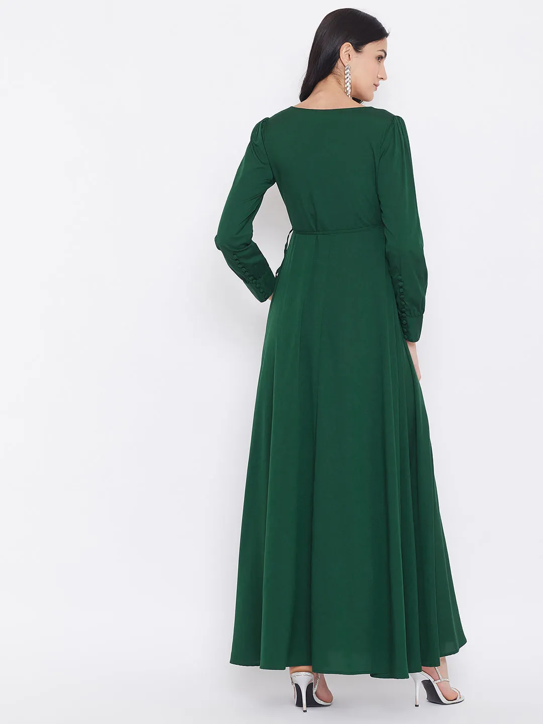 Berrylush Women Solid Dark Green V-Neck Tie-Up Wrap Maxi Dress