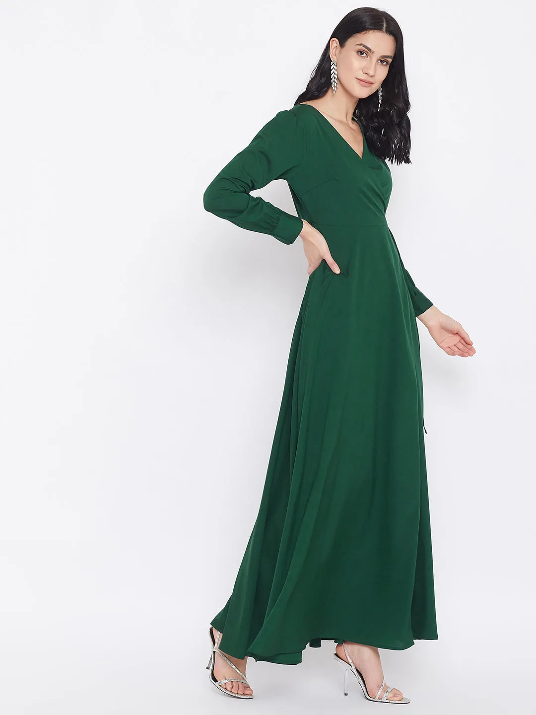 Berrylush Women Solid Dark Green V-Neck Tie-Up Wrap Maxi Dress