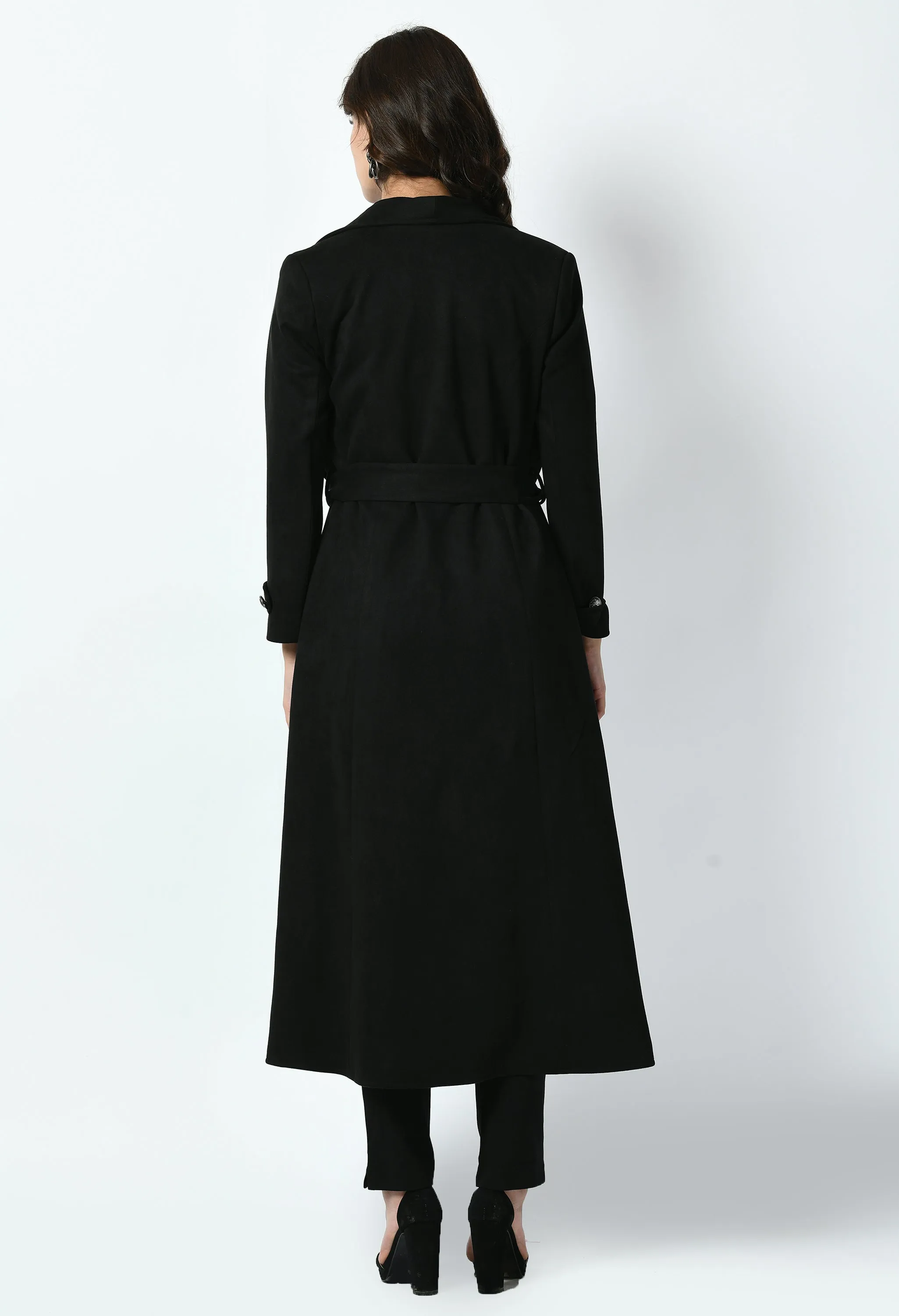 Black Cotton Blend Dedication Suede Leather Long Wrap Coat