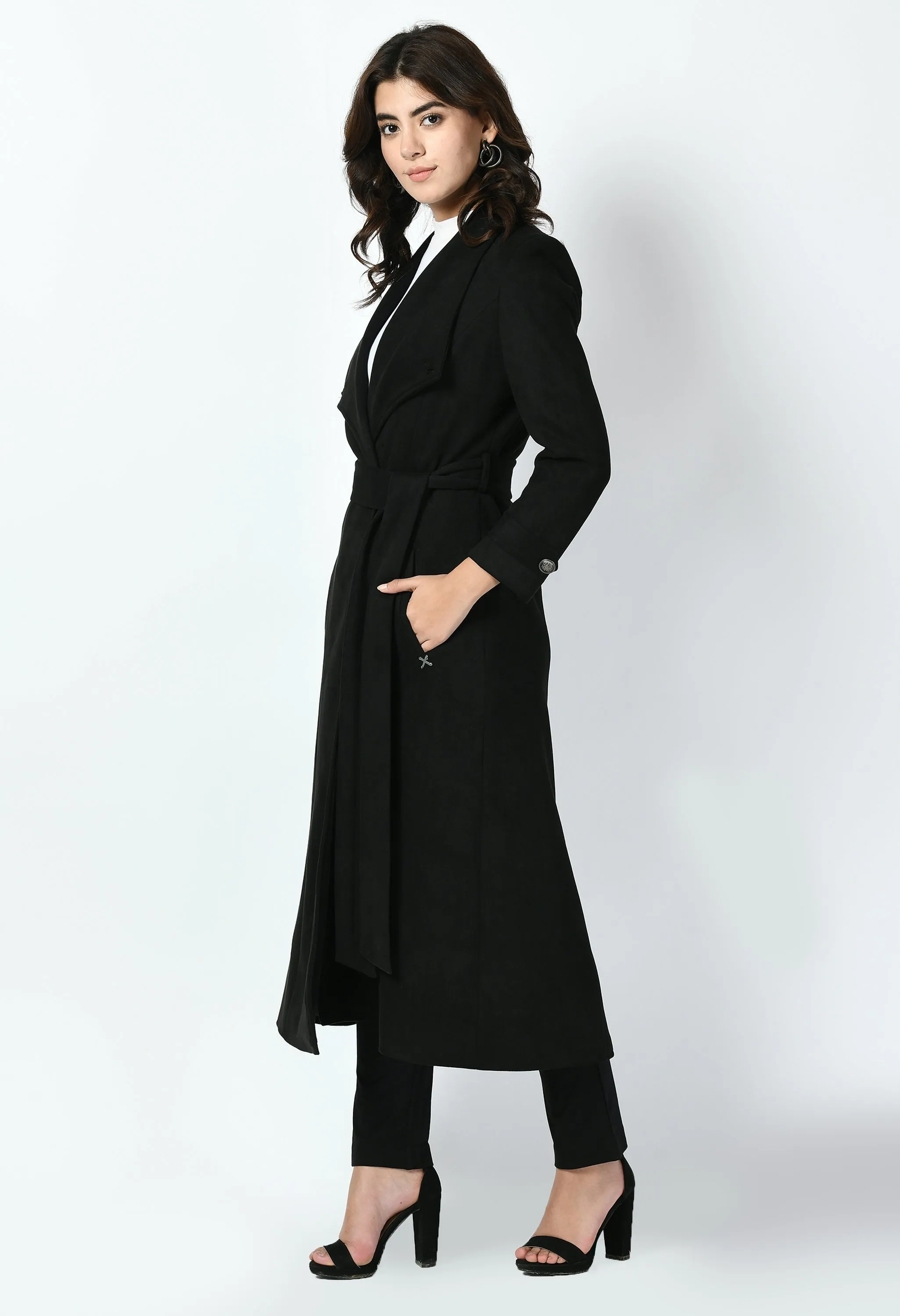 Black Cotton Blend Dedication Suede Leather Long Wrap Coat