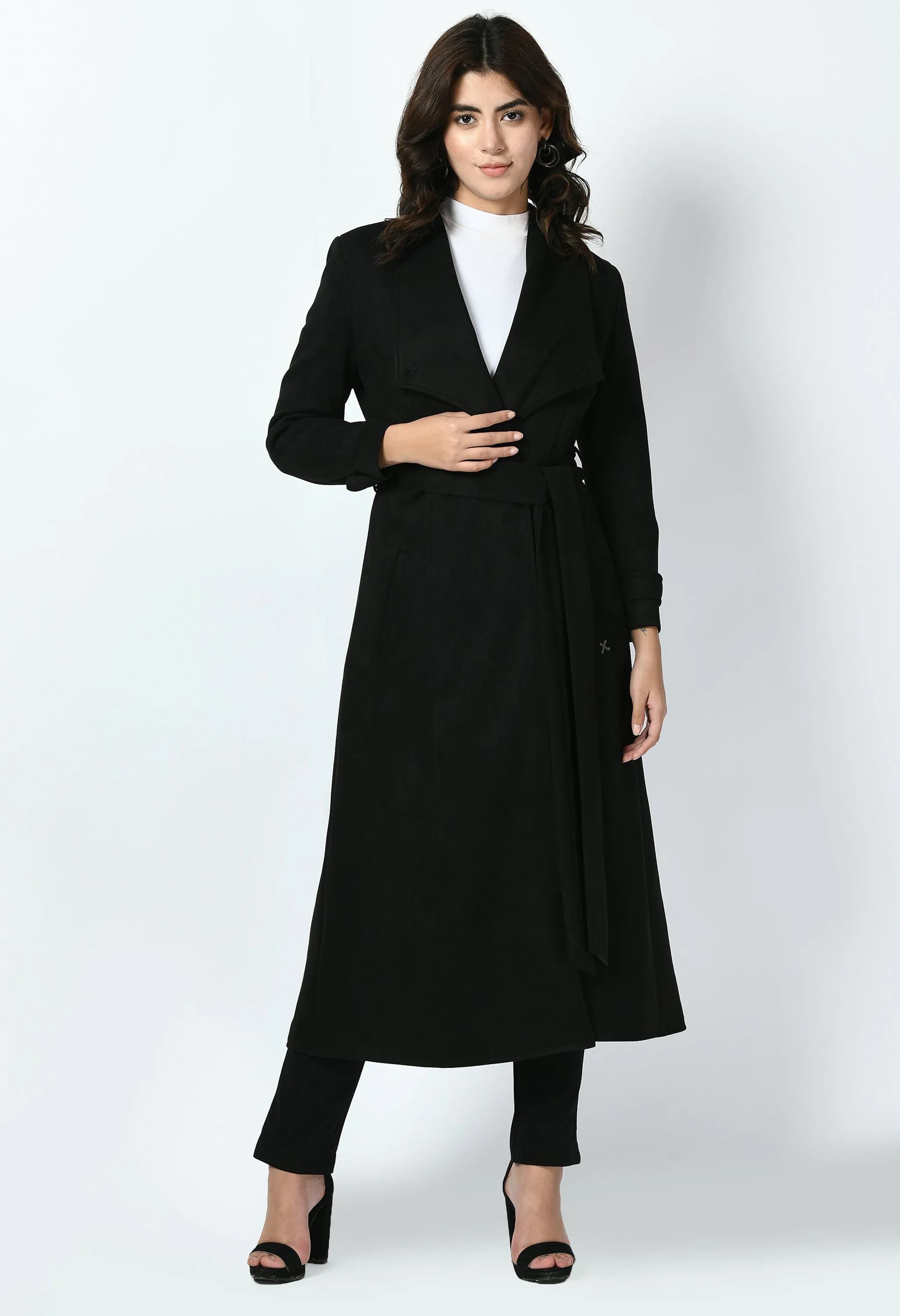 Black Cotton Blend Dedication Suede Leather Long Wrap Coat