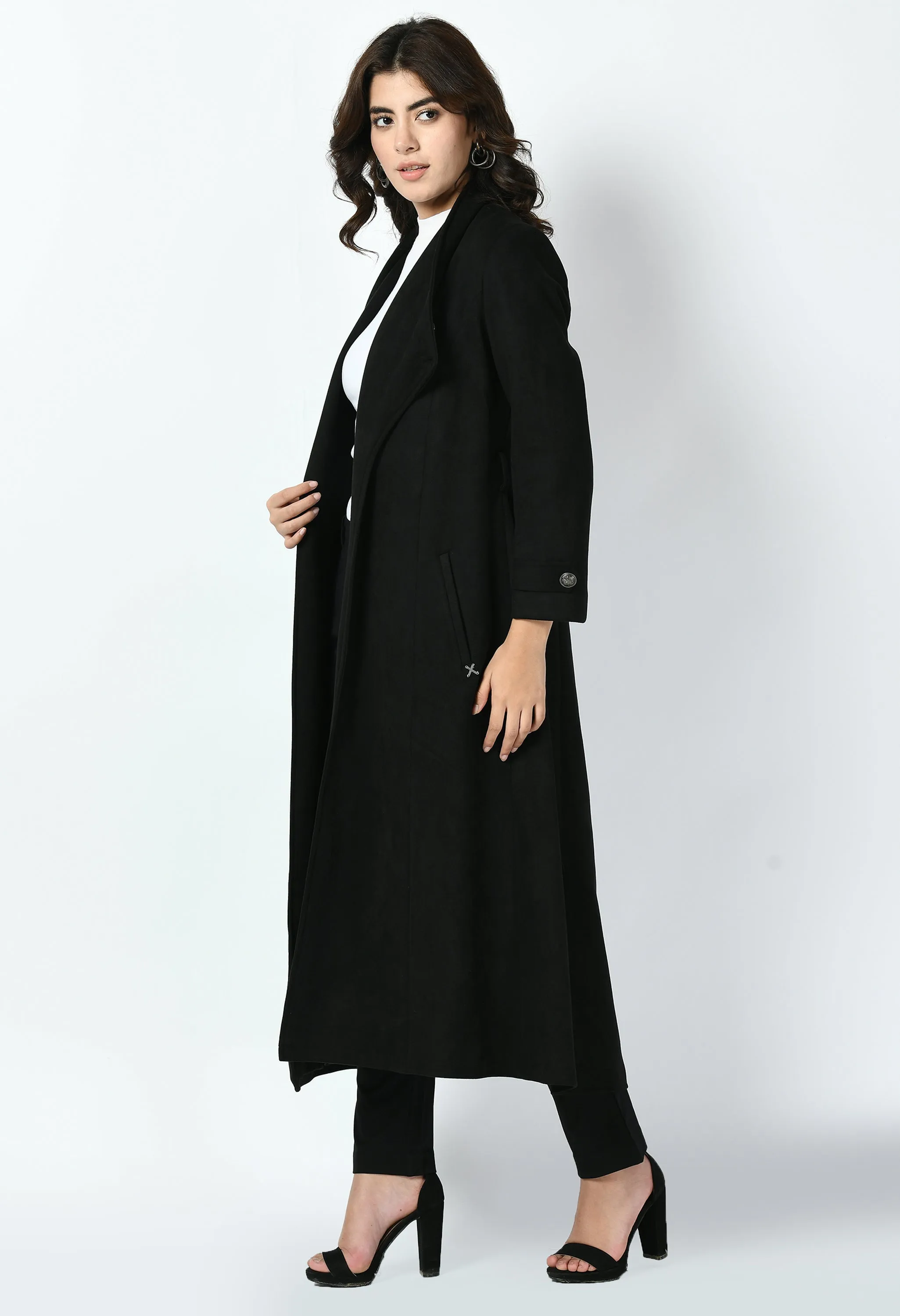 Black Cotton Blend Dedication Suede Leather Long Wrap Coat