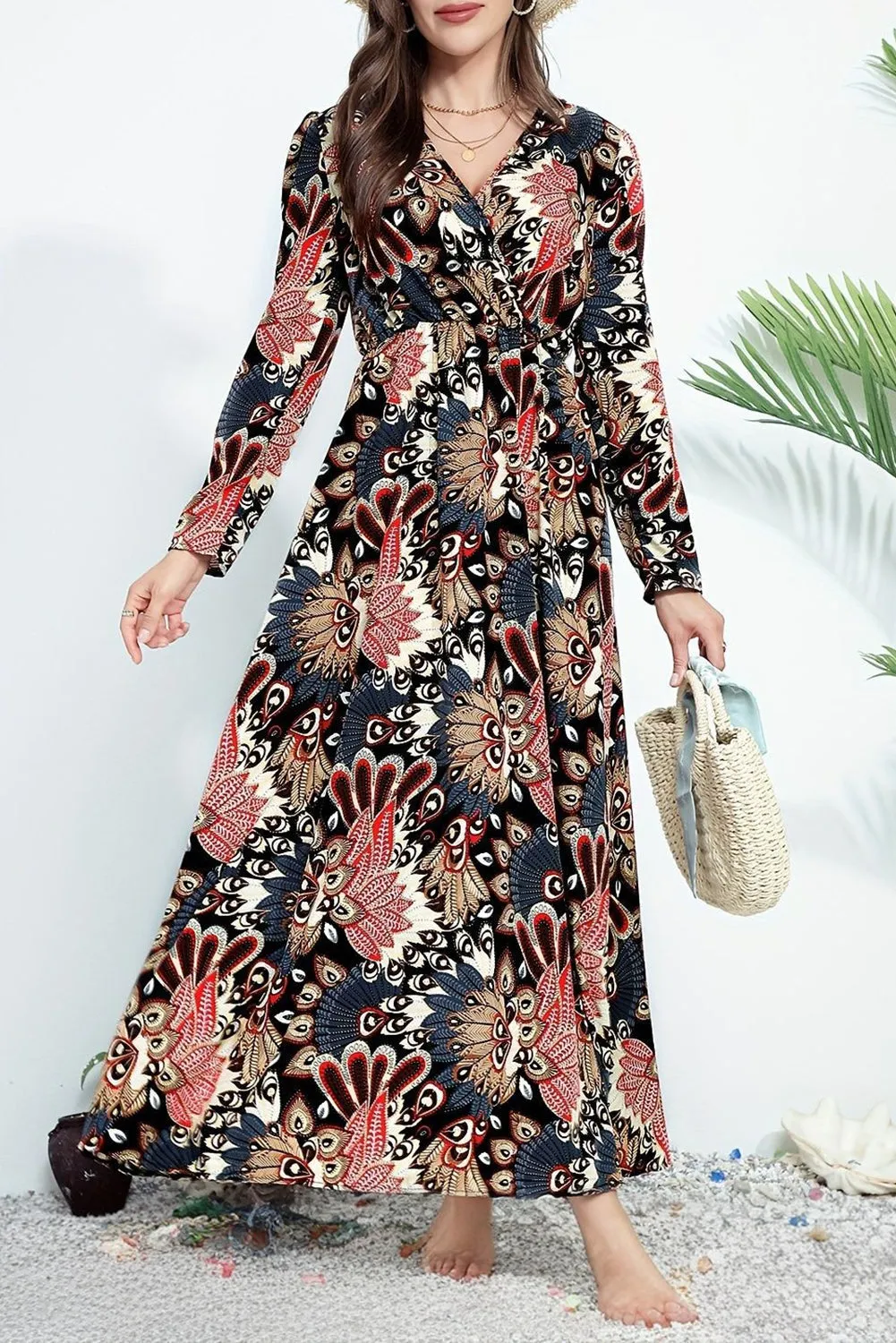 Black Floral Print V Neck Wrap High Waist Maxi Dress