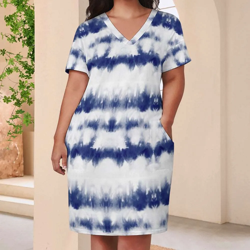 Blue Tie-dye Loose Pocket Dress