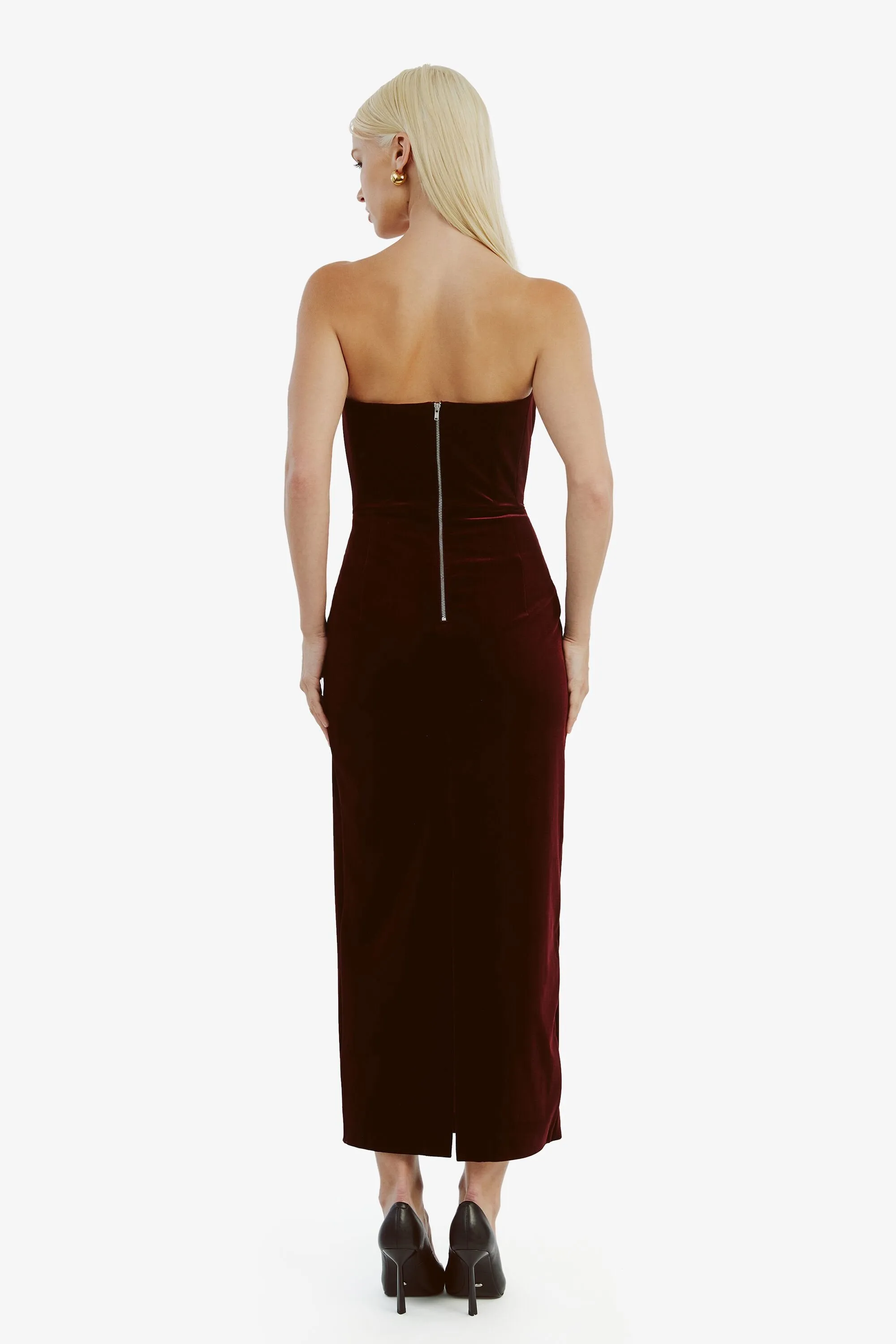 Camellia Velour Midi Dress - Burgundy