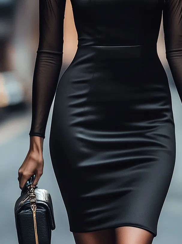 Classic Sheer Patchwork Black Satin Bodycon Dress