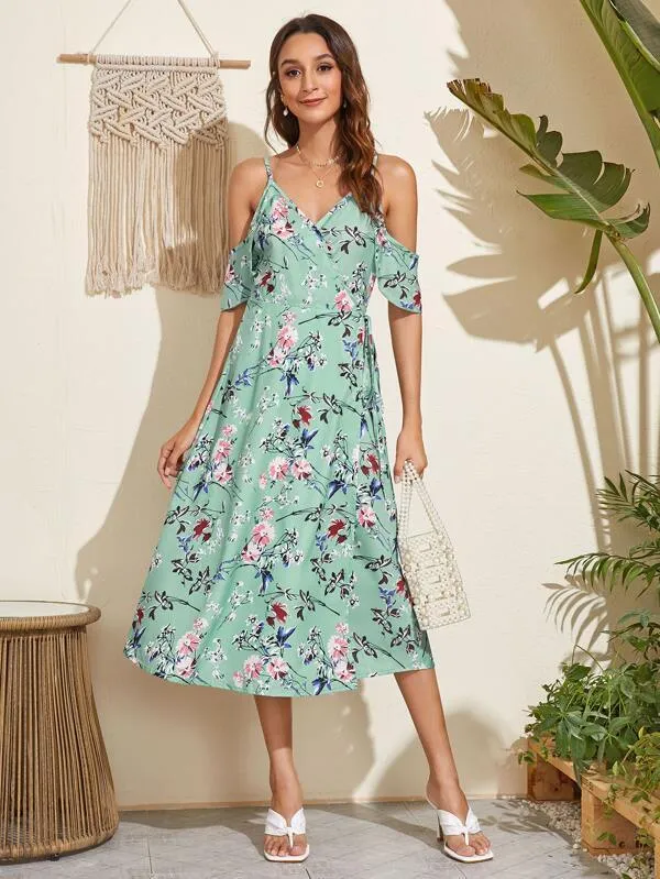 Cold Shoulder Wrap Tie Side Floral Dress