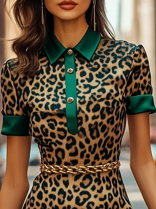 Constract Trim Lapel Buttons Leopard Satin Bodycon Dress