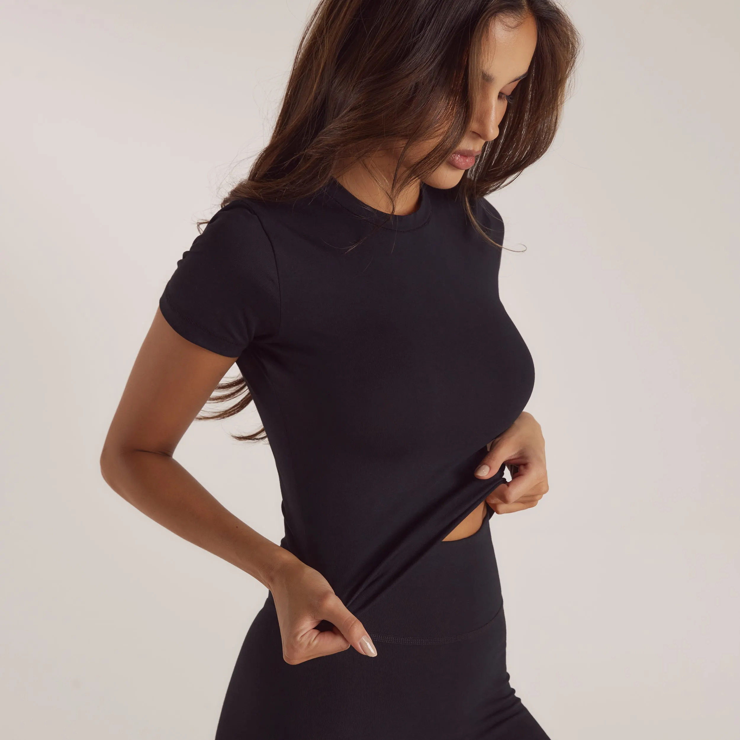 Cotton Blend Short Sleeve Top - Black