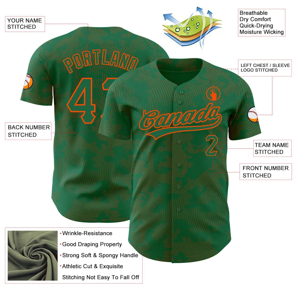 Custom Kelly Green Orange 3D Pattern Design Curve Lines Authentic Baseball Jersey