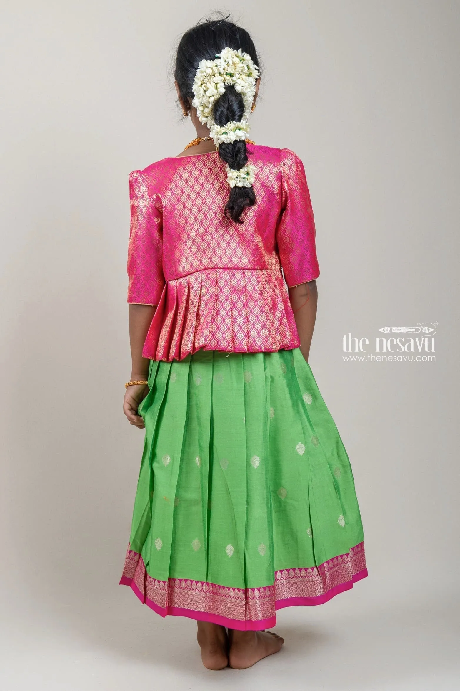 Designer Pink Silk Overcoat with Floral Zari Brocade and Green Korva Border Anarkali Dress