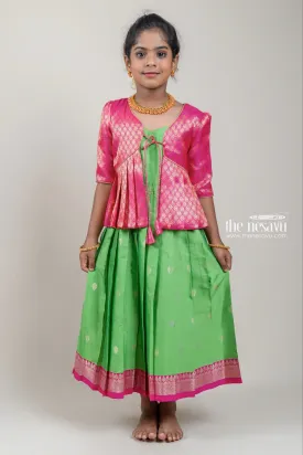 Designer Pink Silk Overcoat with Floral Zari Brocade and Green Korva Border Anarkali Dress