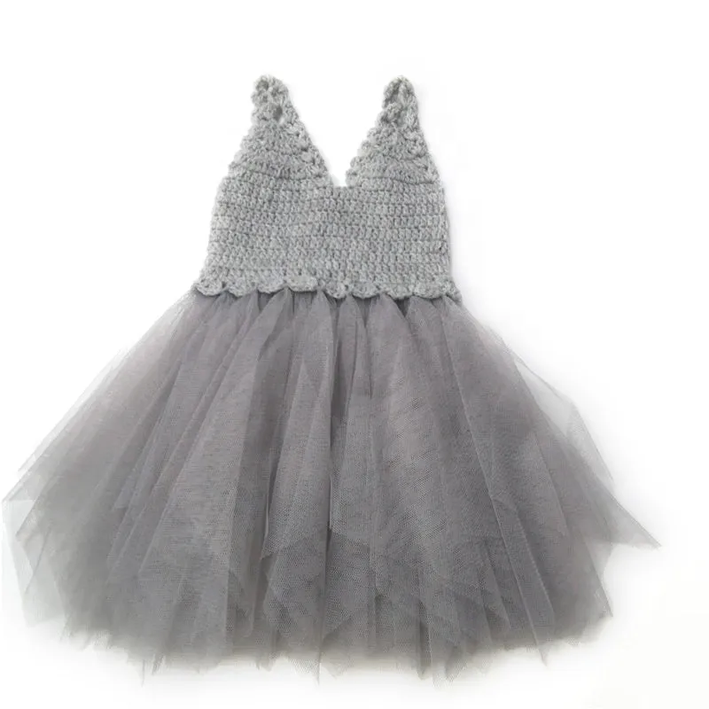 DOLLY by Le Petit Tom ® CROCHET TUTU DRESS V-NECK silver grey