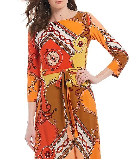 Donna Morgan Vienna Belted Matte Jersey Colorblock Pattern Print Maxi Dress