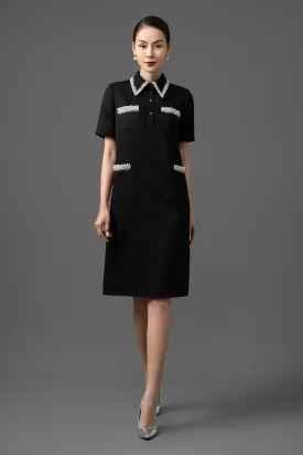 Edora Trapezoid Collared Neck Gabardine Below The Knee Dress