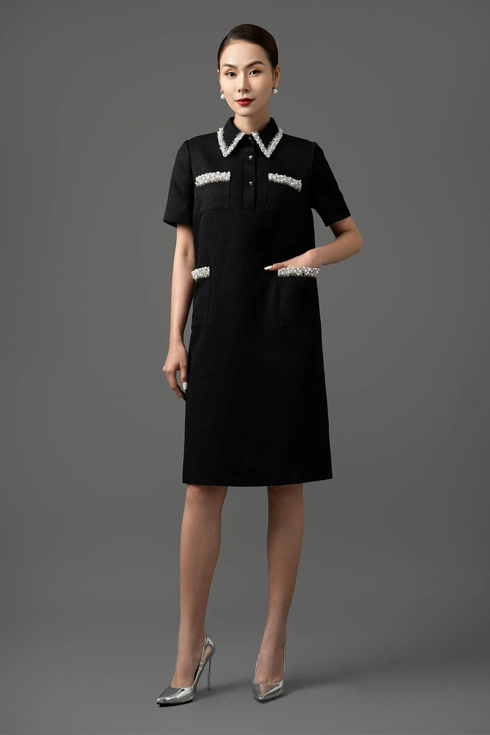 Edora Trapezoid Collared Neck Gabardine Below The Knee Dress