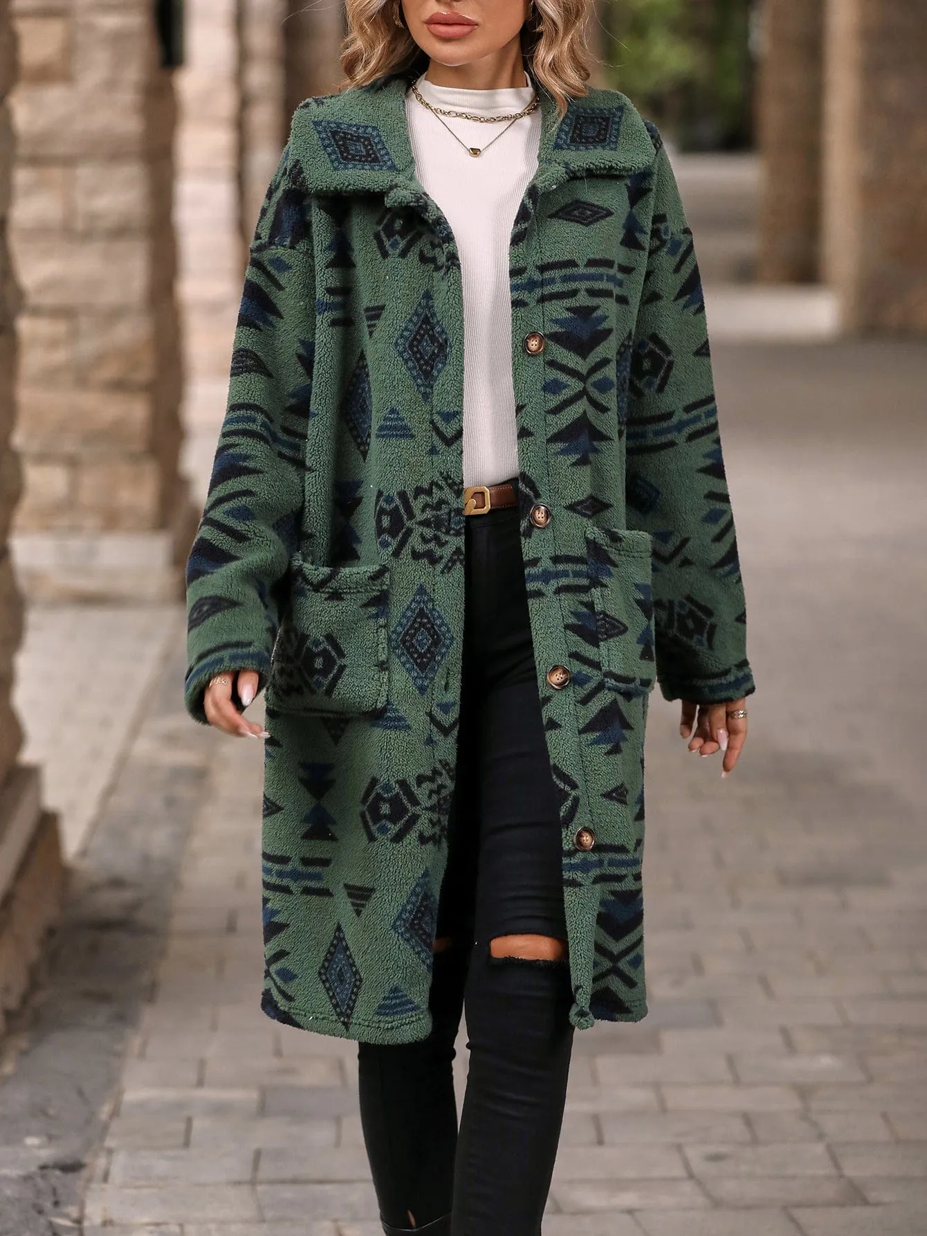 Ethnic Print Plush Long Overcoat