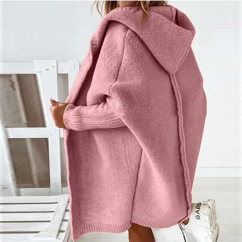 FashionSierra - Long Hooded Cardigan Women Solid Color Braid Knit Overcoat Loose Ladies Sweaters