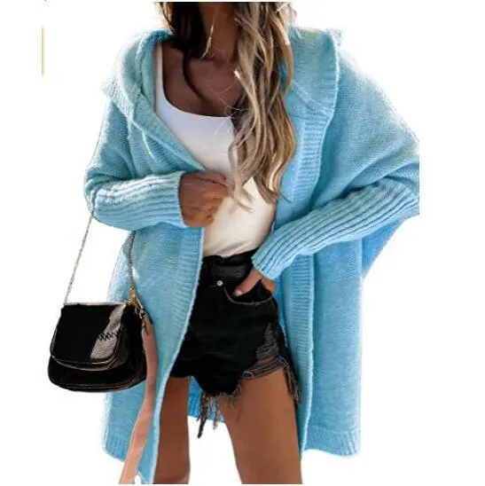 FashionSierra - Long Hooded Cardigan Women Solid Color Braid Knit Overcoat Loose Ladies Sweaters