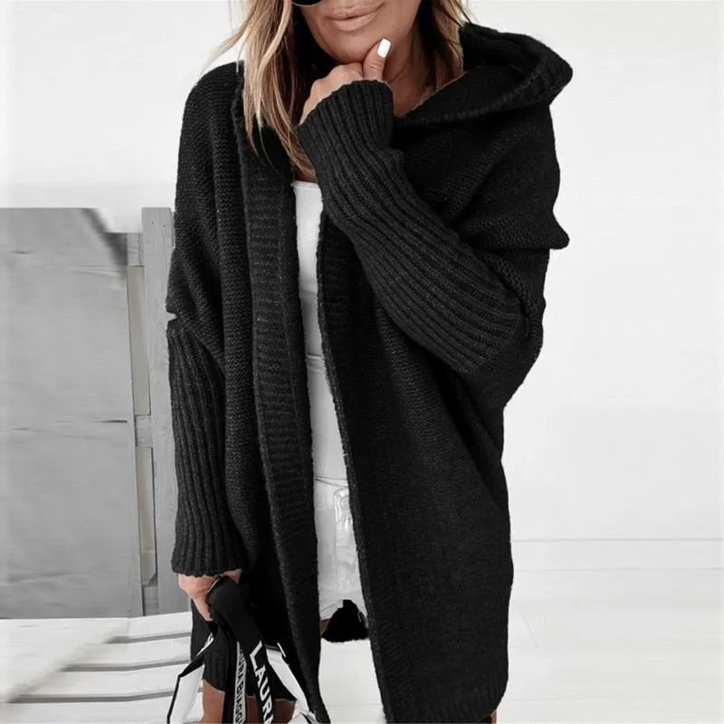 FashionSierra - Long Hooded Cardigan Women Solid Color Braid Knit Overcoat Loose Ladies Sweaters