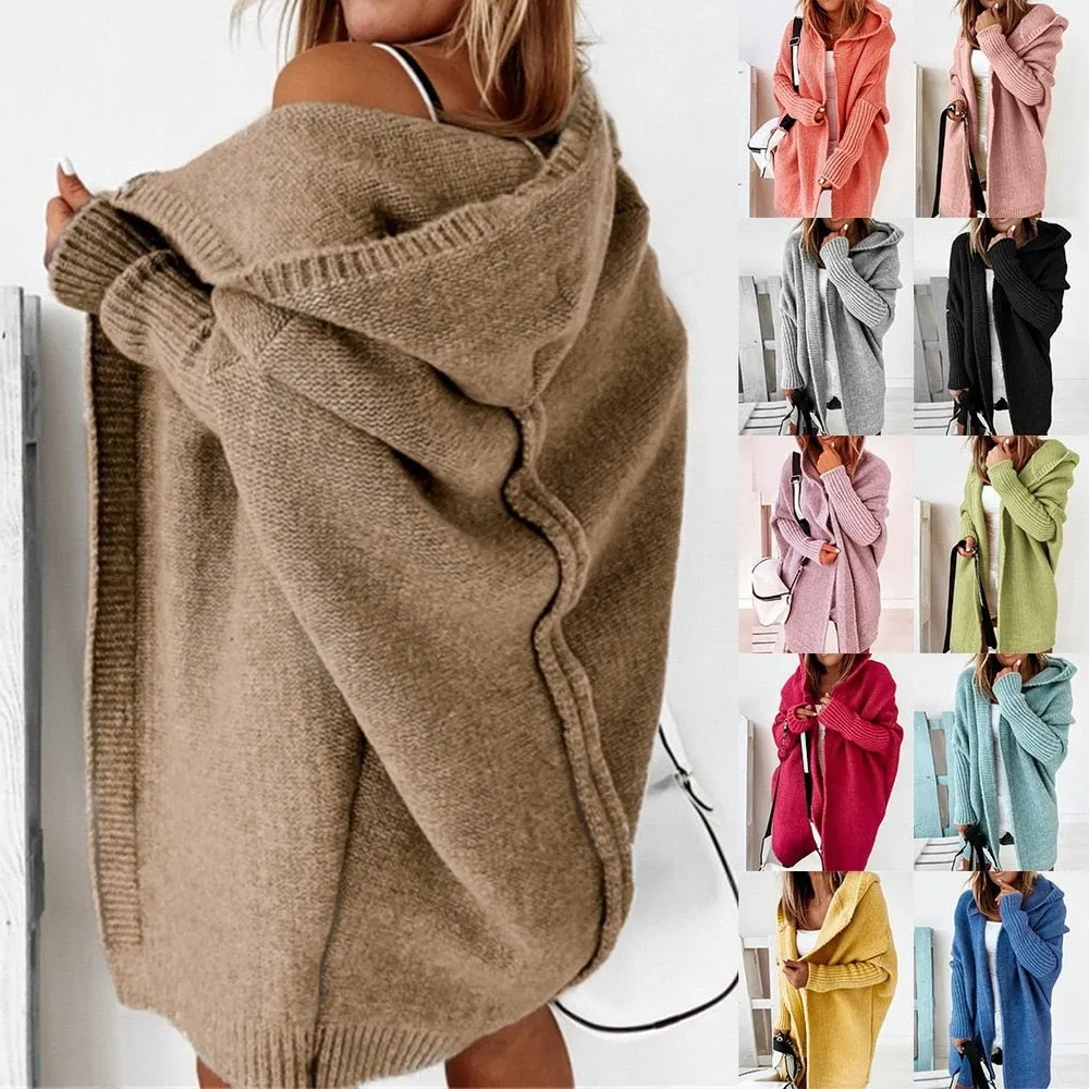 FashionSierra - Long Hooded Cardigan Women Solid Color Braid Knit Overcoat Loose Ladies Sweaters