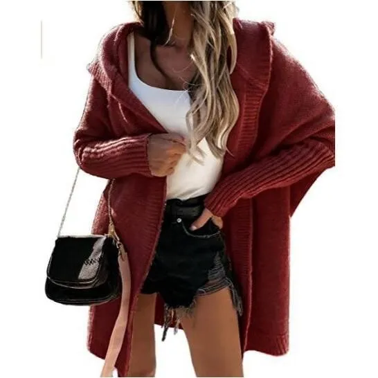 FashionSierra - Long Hooded Cardigan Women Solid Color Braid Knit Overcoat Loose Ladies Sweaters