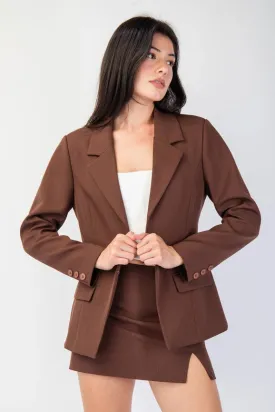 Front Hook & Eye Closed Fitted Woven Tailored Blazer Brown