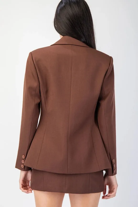 Front Hook & Eye Closed Fitted Woven Tailored Blazer Brown