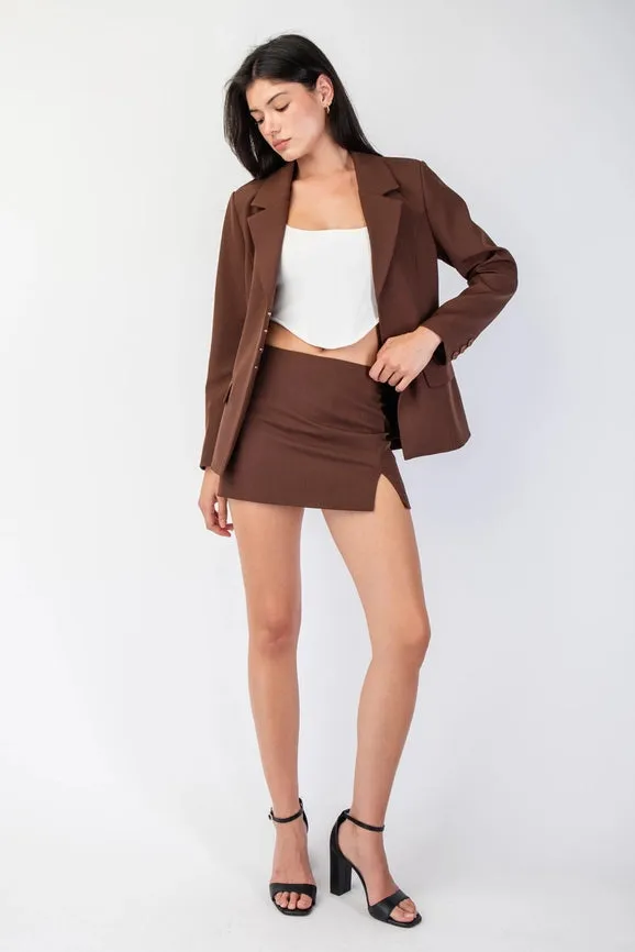 Front Hook & Eye Closed Fitted Woven Tailored Blazer Brown