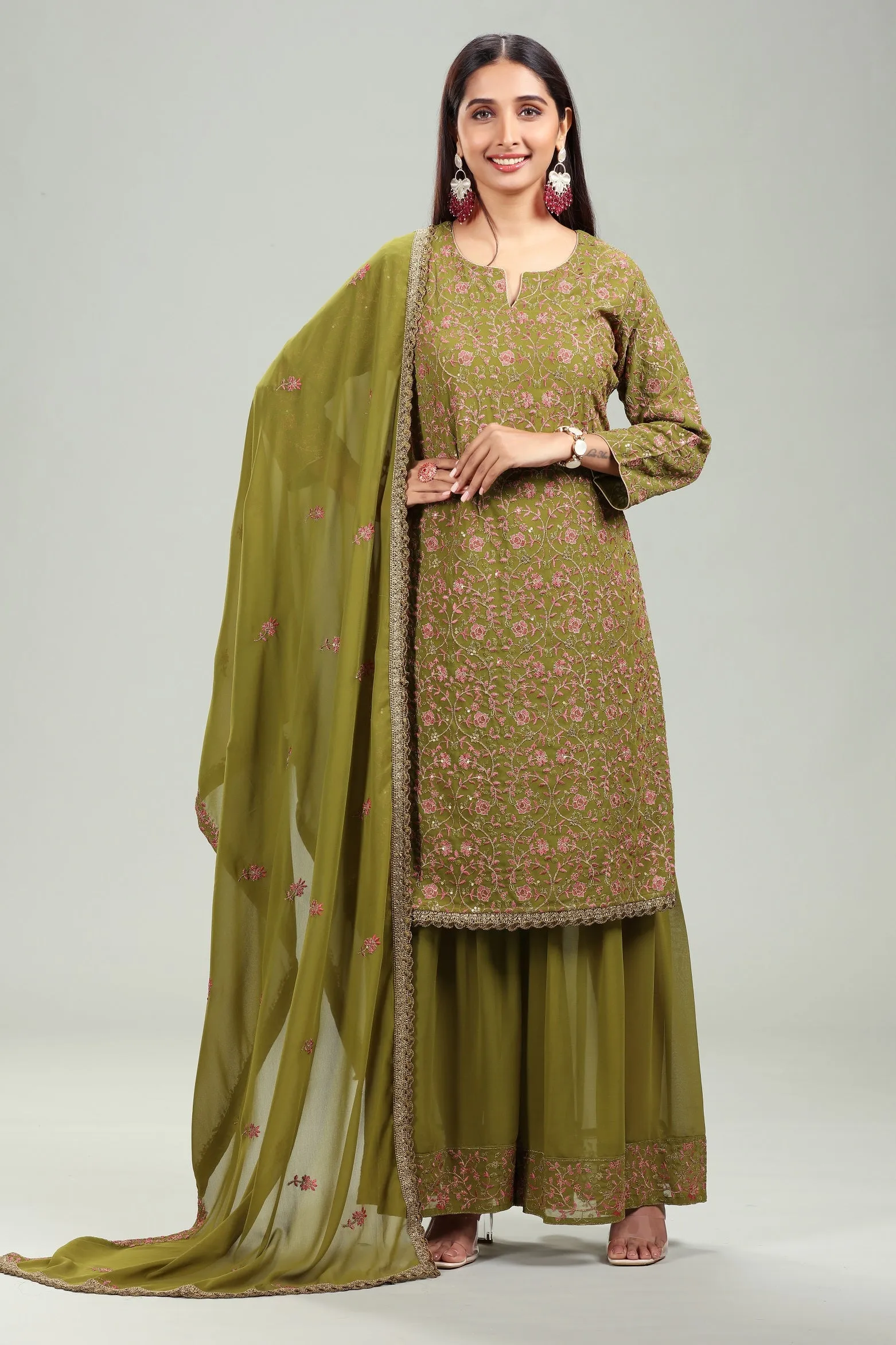 Green Georgette Straight Embroidered Kurta Palazzo Suit Set