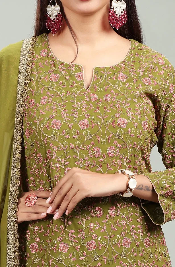 Green Georgette Straight Embroidered Kurta Palazzo Suit Set