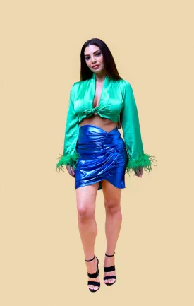 Green Satin Fluffy Cuff Tie Front Crop Top