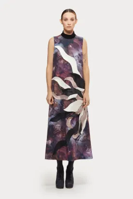 High Neck Sleeveless Dress Abstract Print Brown