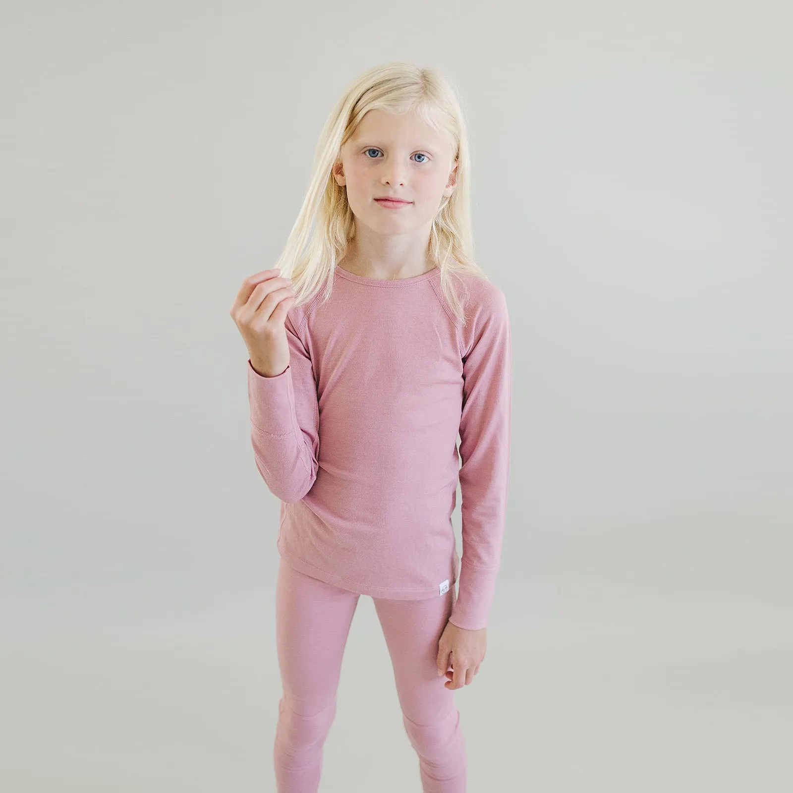 Kids Merino Wool Base Layer, Long Sleeve Top, Blush Pink