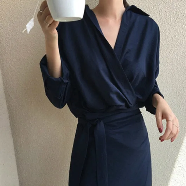 LANFUBEISI Women Fall Elegant V Neck Solid Bandage Bodycon Long Shirt Dress Female Solid Plus Size Vestido Long Sleeve Robe Femme clothes