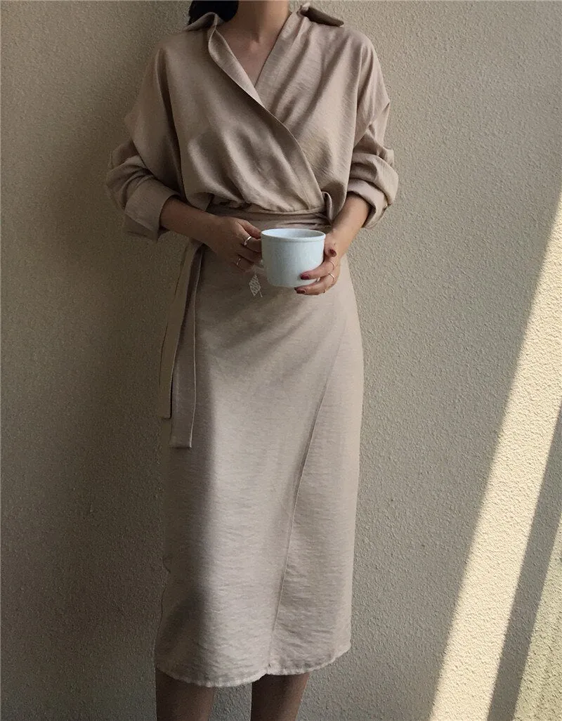 LANFUBEISI Women Fall Elegant V Neck Solid Bandage Bodycon Long Shirt Dress Female Solid Plus Size Vestido Long Sleeve Robe Femme clothes