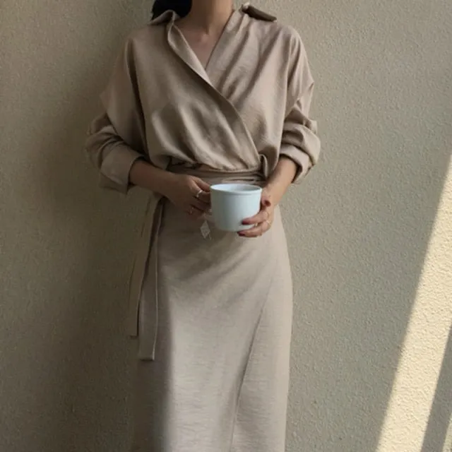 LANFUBEISI Women Fall Elegant V Neck Solid Bandage Bodycon Long Shirt Dress Female Solid Plus Size Vestido Long Sleeve Robe Femme clothes