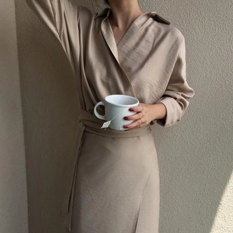 LANFUBEISI Women Fall Elegant V Neck Solid Bandage Bodycon Long Shirt Dress Female Solid Plus Size Vestido Long Sleeve Robe Femme clothes