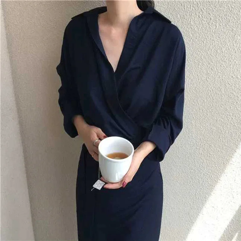 LANFUBEISI Women Fall Elegant V Neck Solid Bandage Bodycon Long Shirt Dress Female Solid Plus Size Vestido Long Sleeve Robe Femme clothes