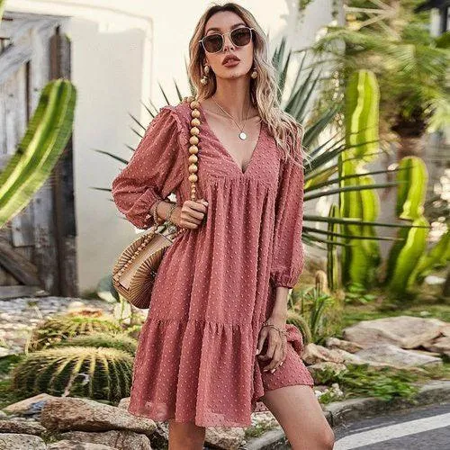 Lantern Sleeve V-Neck Ruffles Chiffon Embroidery Loose Boho Mini Dress