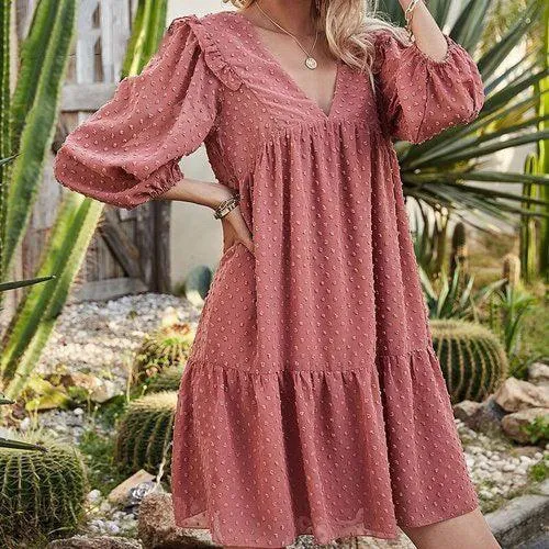 Lantern Sleeve V-Neck Ruffles Chiffon Embroidery Loose Boho Mini Dress