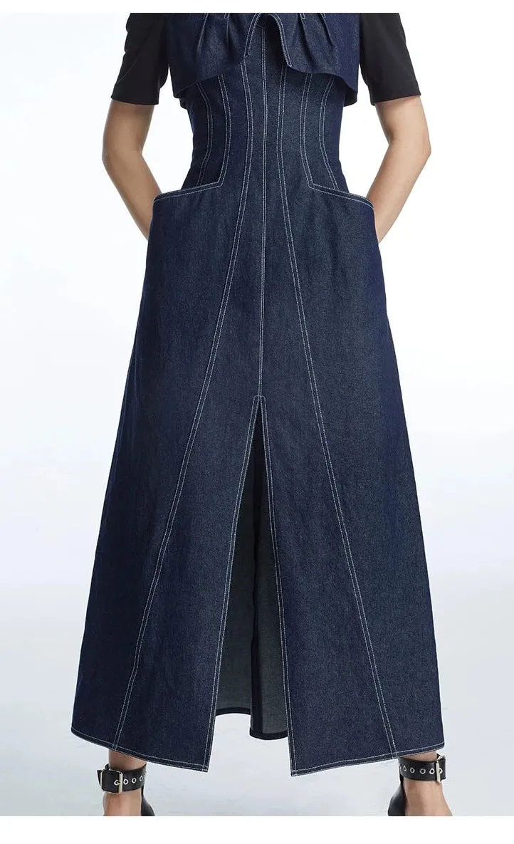 LEDI W fake two-piece denim midi long slit dress- Tete