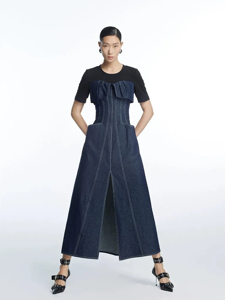 LEDI W fake two-piece denim midi long slit dress- Tete